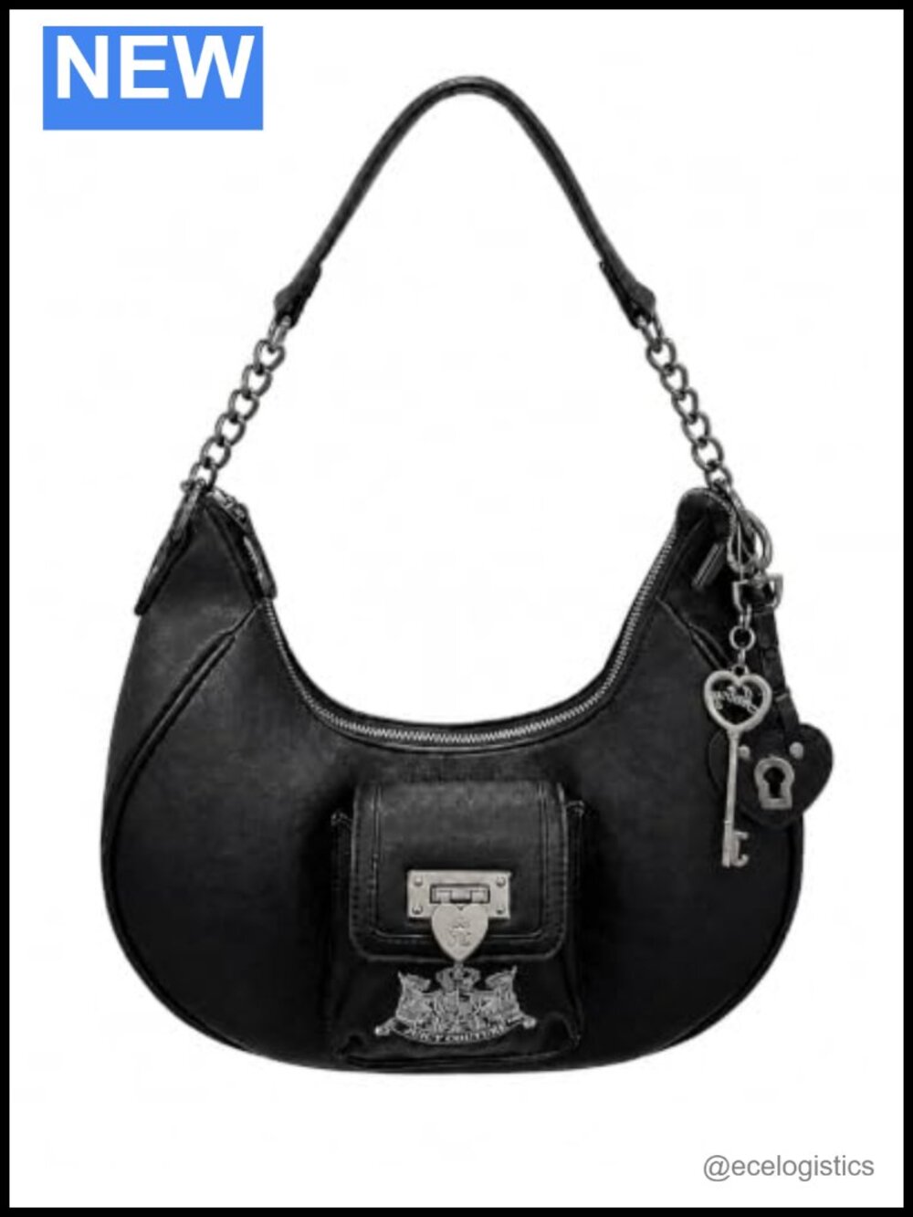 Faux Leather Hobo Shoulder Bag with Lock Charm Pocket Accent, Crescent Purse